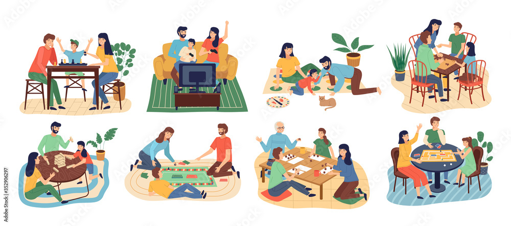 Board games family set. Stay at home. Parents with kids sitting at table and playing tabletop games. Spend time together gaming on console. Mom and father, girl and boy at home. Vector cartoon flat Board games family set. Stay at home. Parents with kids sitting at table and playing tabletop games. Spend time together gaming on console. Mom and father, girl and boy at home. Vector cartoon flat
