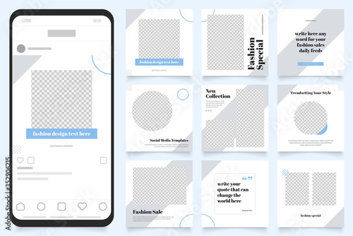 social media post banner for fashion sale promotion. instagram and facebook square frame puzzle poster. blue white grey color background vector illustration
