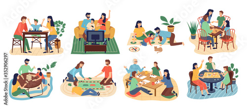Board games family set. Stay at home. Parents with kids sitting at table and playing tabletop games. Spend time together gaming on console. Mom and father, girl and boy at home. Vector cartoon flat