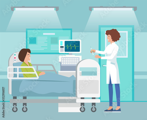 Hospitalization of the patient. A nurse or doctor wearing uniform with medicine taking care of a sick woman lying in a medical bed. Nurse making an injection to a sick patient in the treatment room