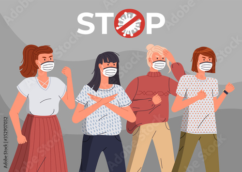 Young girls wearing face protective medical masks protesting to stop world epidemic. Women calling to fight with virus. Attention to world virus pandemic. Cartoon vector characters at grey background