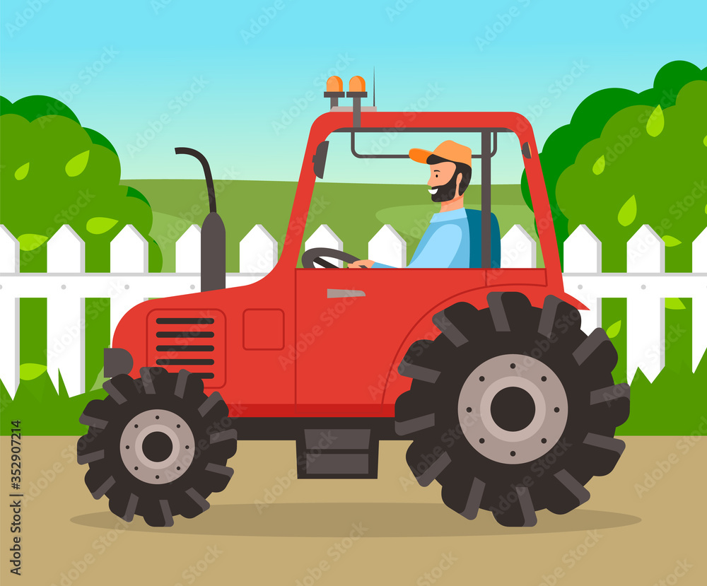 Man is driving tractor on the road near the meadow . Bearded farmer is siting in agrimotor cabin on nature landscape. Agriculture driver profession, harvesting and cultivation in summer in countryside Man is driving tractor on the road near the meadow . Bearded farmer is siting in agrimotor cabin on nature landscape. Agriculture driver profession, harvesting and cultivation in summer in countryside