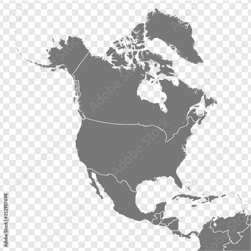 Map North and Central America vector. Gray similar North map blank vector on transparent background.  Gray similar North and Central America map with borders of all countries. EPS10.