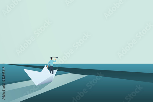Business challenge vector concept with entrepreneur in paper boat. Symbol of vision, solution, motivation.