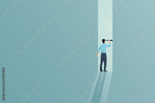 Business visionary and vision vector concept with entrepreneur in door with telescope. Symbol of motivation, ambition.