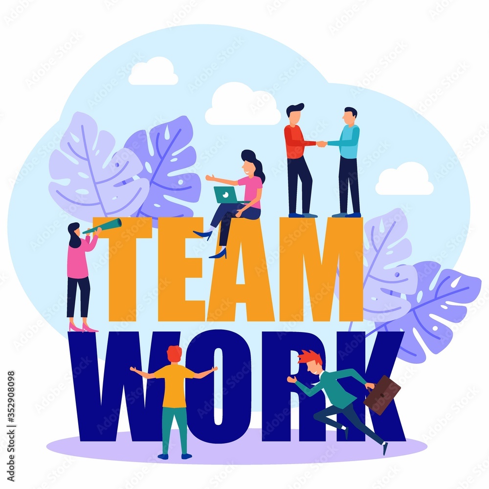 Vector business illustration, businesspeople together building word team work, abstract design graphics, construction business projects.