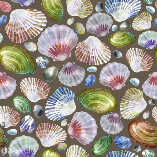 Watercolor illustration. Pattern of sea shells and sea stones on a brown background. Summer theme, beach and relaxation.