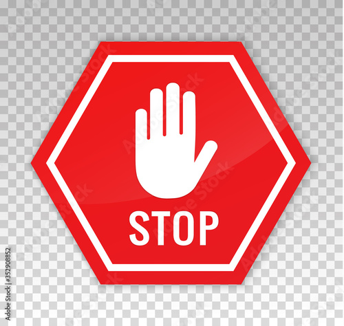 Stop sign. Adblock hand icon. Block signal. Restricted sign. Halt icon blocker octagon. Warning symbol. Octagonal sign red color isolated on background. Prohibited activities. Road sign restriction