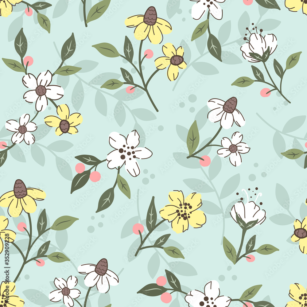 Seamless surface repeat vector pattern with yellow and white flowers, pink berries and green leaves on a turquoise background Seamless surface repeat vector pattern with yellow and white flowers, pink berries and green leaves on a turquoise background