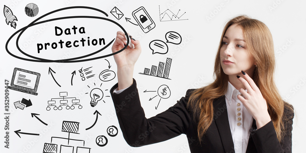 Business, technology, internet and network concept. Young businessman thinks over ideas to become successful: Data protection Business, technology, internet and network concept. Young businessman thinks over ideas to become successful: Data protection