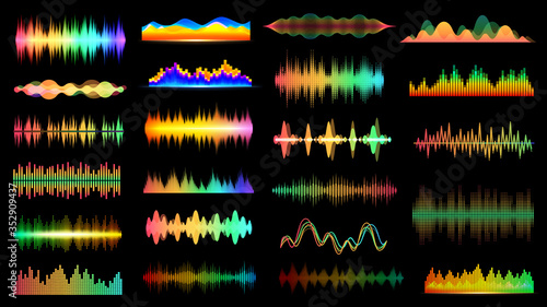 Audio waves. Voice sound music shapes vector abstract collection. Vector sound waves set. Audio player, equalizer