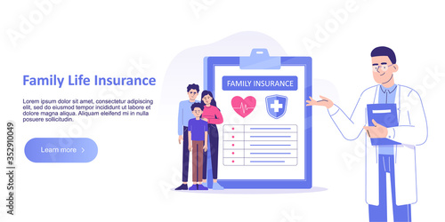 Family Life Insurance concept. Young Family or People having Examination in Hospital Office and filling Medical Document Form. Family protection. Healthcare. Landing page template. Vector illustration