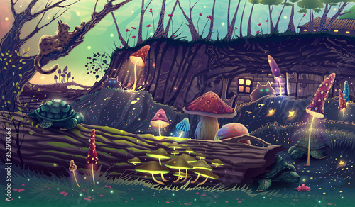 Digital fantasy forest landscape illustration with magic trees, mushrooms, concept art style painting with nature, outdoor fairy tale drawing. Summer village artwork with wonderful colors. photo
