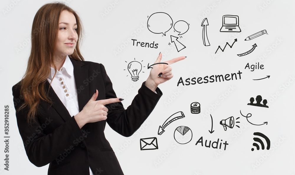 Business, technology, internet and network concept. Young businessman thinks over ideas to become successful: Assessment Business, technology, internet and network concept. Young businessman thinks over ideas to become successful: Assessment