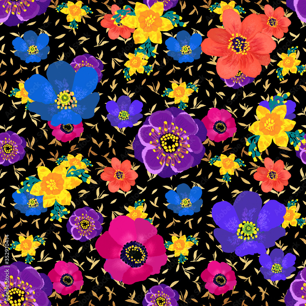 Seamless summer pattern with anemone and daffodil flowers