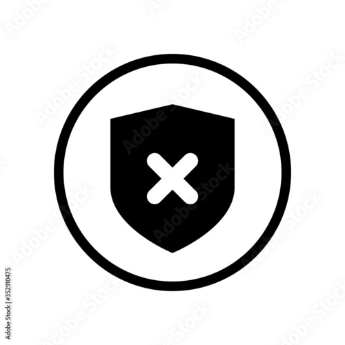 Black round shield shape icon with insecure crossmark x, simple safety issue flat design infographic pictogram vector, app logo web button ui ux interface elements isolated on white background