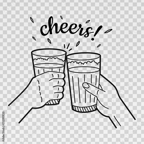 Hand drawing of cheers on transparent background. Two hands holding and clinking with two glasses of beer. Sketch for Oktoberfest. Vector illustration.