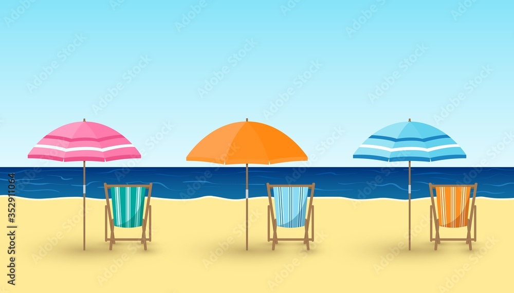 Vector cartoon illustration of sandy beach, chairs, umbrellas on sea background. Beach chairs with social distance 2 m. Travel concept. Summer vacation 2020, empty beach, coronavirus Covid-19 lockdown