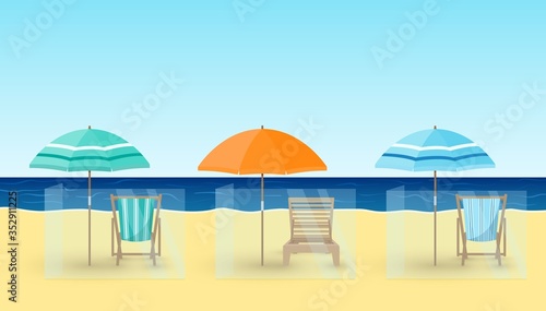 Vector illustration of sandy beach with isolated chairs, umbrellas. Sea background. Beach chairs with safe social distancing 2 m. Summer vacation concept, reopening beach after coronavirus Covid-19.