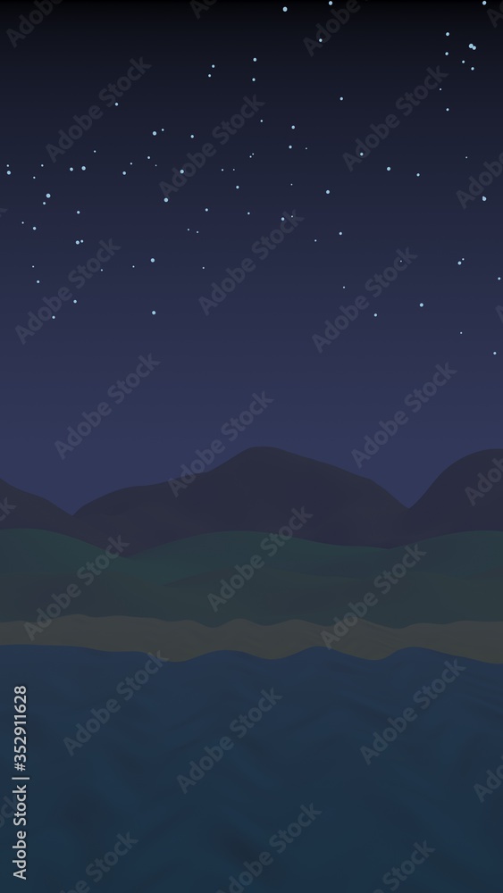 Starry moonless sky. Ocean shore line with waves on a beach. Island beach paradise with waves. Vacation, summer, relaxation. Seascape, seashore. Minimalist landscape, primitivism. 3D illustration Starry moonless sky. Ocean shore line with waves on a beach. Island beach paradise with waves. Vacation, summer, relaxation. Seascape, seashore. Minimalist landscape, primitivism. 3D illustration