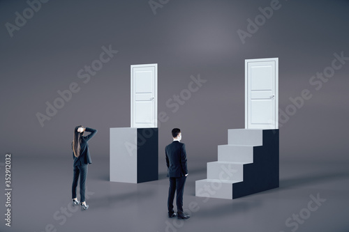 Businessman and businesswoman looking on ladder with closed door. © Who is Danny