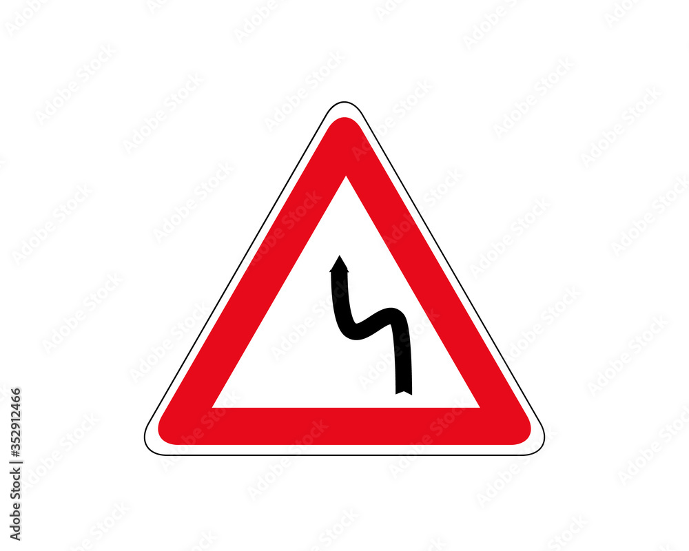 Road sign double turn, first left. Vector illustration. Road sign double turn, first left. Vector illustration.