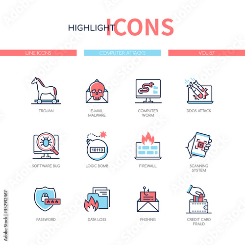 Computer attacks - line design style icons set