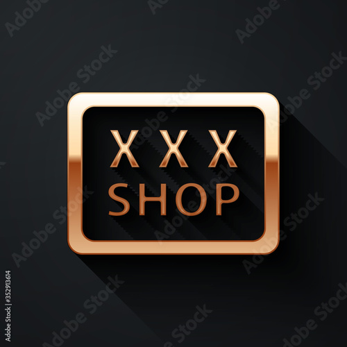 Gold Sex shop icon isolated on black background. Sex shop, online sex store, adult erotic products concept. Long shadow style. Vector.