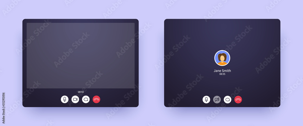 Video call screen with picture and with only audio. Web interface of conference chat application with mic and video icon and blank place for your picture. Call window mockup for online business. Video call screen with picture and with only audio. Web interface of conference chat application with mic and video icon and blank place for your picture. Call window mockup for online business.