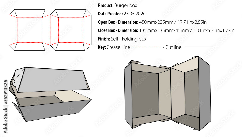 Burger Box Packaging Design Template Selflock Die Cut Vector Vector 