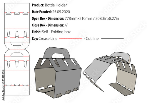 Bottle carrier double product row cap covered bottleneck - glued wrap-around with closed side panels carrying handle packaging design template gluing die cut - vector