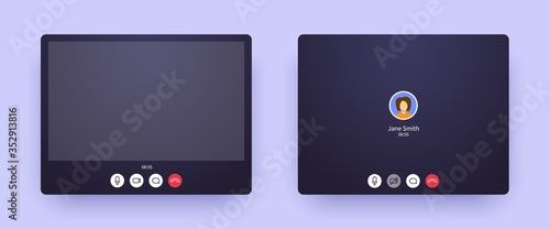 Video call screen with picture and with only audio. Web interface of conference chat application with mic and video icon and blank place for your picture. Call window mockup for online business.