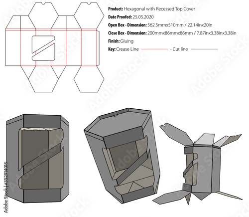  Hexagonal with recessed top cover packaging design template gluing die cut - vector