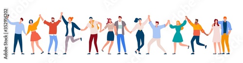 People standing together. Happy men and women holding hands. Smiling people standing in row together flat vector illustration. Cartoon character of smiling crowd on white background