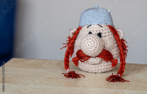 A piece of crochet art handicraft of Obelix from Asterix and Obelix