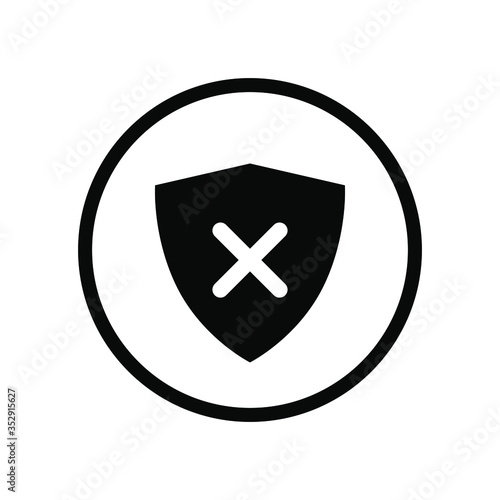 Single round black shield insecure with cross mark icon, simple undefended alarm flat design pictogram concept vector for app web website button ui ux interface elements isolated on white background photo
