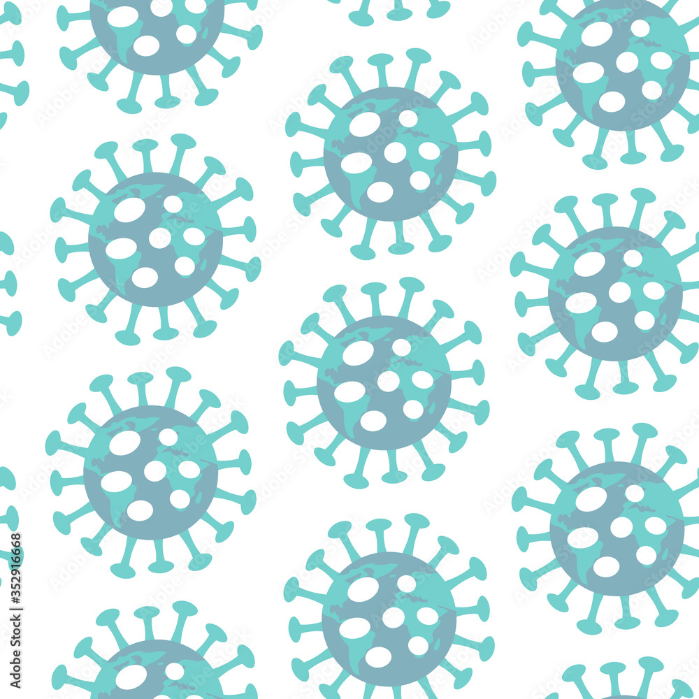 Coronavirus earth virus illustrations seamless pattern on transparent background. Repetitive vector illustration of combined virus and earth illustrations. Concept of pandemic, global impact.