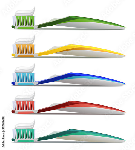 Toothbrushes in various colors. Realistic vector illustration of toothbrush and toothpaste Isolated on white background.