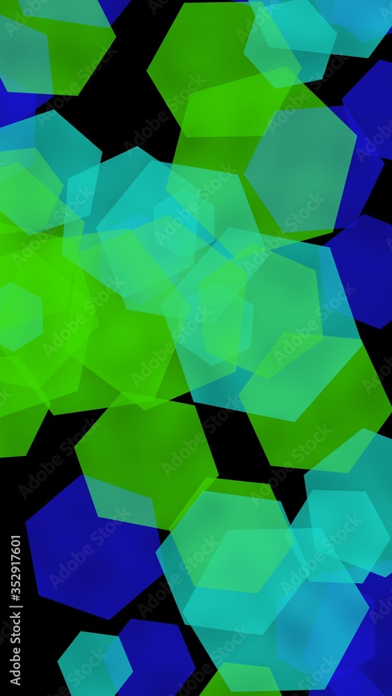 Multicolored translucent hexagons on dark background. Vertical image orientation. 3D illustration Multicolored translucent hexagons on dark background. Vertical image orientation. 3D illustration
