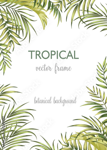 Tropical background with palm leaves and exotic flowers. Vector summe illustration. Botanical frame.