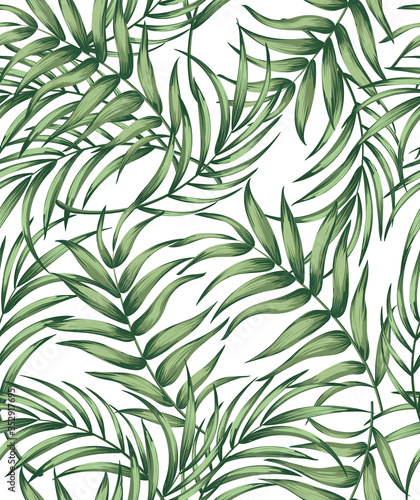 Green tropical palm leaves seamless vector pattern on the black background.Trendy summer print.