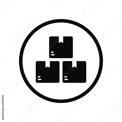 Black round pile of cardboard boxes icon. Simple moving parcel delivery concept flat design, pictogram vector for app web banner button ui ux interface elements isolated on white background