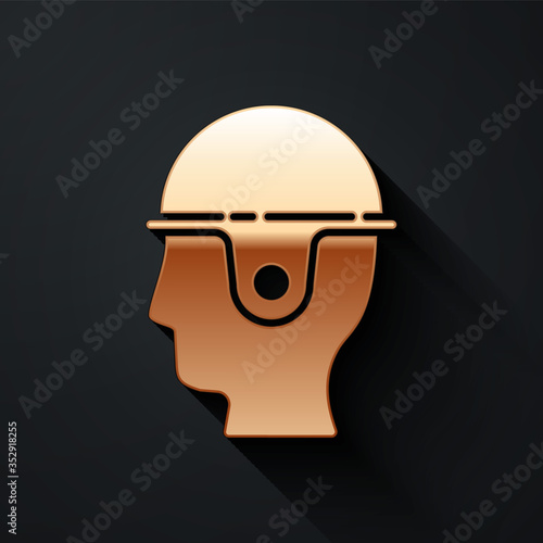 Gold Worker safety helmet icon isolated on black background. Long shadow style. Vector.