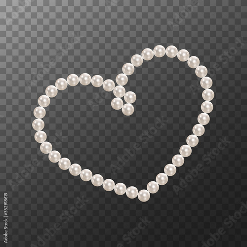 Heart shape frame painting isolated on transparent background. Pearl chains. Realistic white pearls. Beautiful natural heart shaped jewelry. Frame thread of pearls. Pearl necklace. Vector illustration