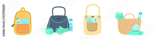 backpack, women handbag, cloth bag and shopping basket with hand sanitizer, gloves, face mask and alcohol spray. Concept of daily life in pandemic