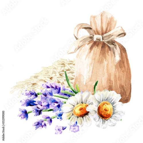 Sachet  bag with relaxing soothing herbal collection  rice  chamomile with lavender. Calming pillow. Hand drawn watercolor illustration  isolated on white background