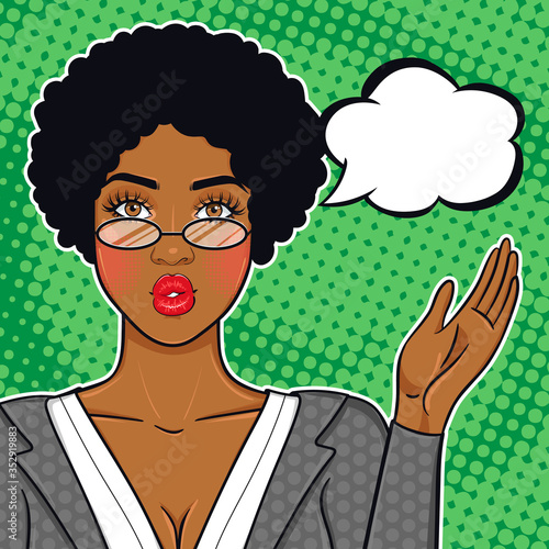 African american business woman showing on speech bubble for advice, offer, announcement, etc. Black succesful business woman in suit and glasses vector illustration in pop art retro comic style