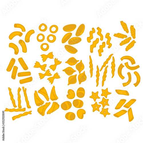 Collection set of different types of pasta. Farfalle, maccheroni, rigate. Food made of dough. Isolated on white background. Stock vector illustration drawn by hand. 