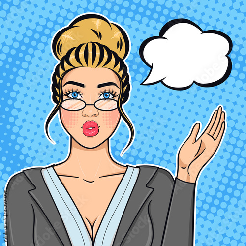 Pop art retro comic style portrait of caucasian blonde businesswoman in suit and glasses pointing finger on speech bubble offering succesful idea or strategy, advice or announcement