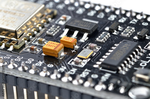 Macro detail of wireless wifi programmable microcontroller module, electronic small computer for internet of things IOT programming